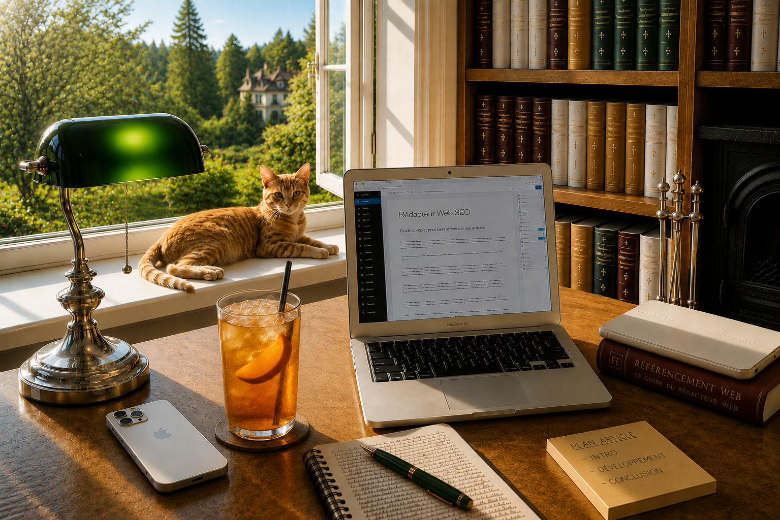 Bureau chaleureux de rédacteur web avec bibliothèque, fenêtre ouverte et chat roux